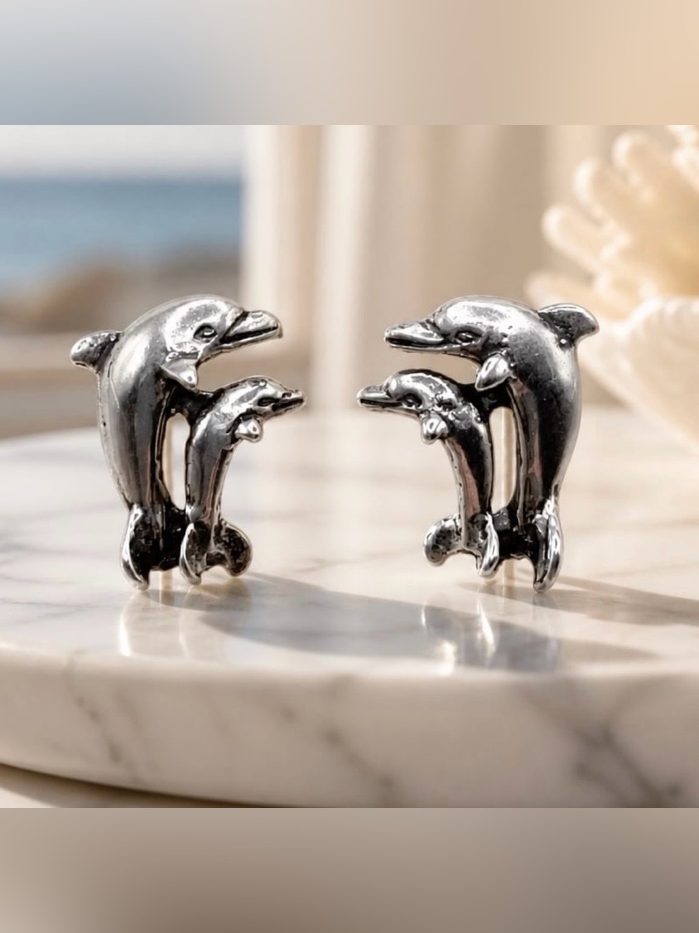 Vintage Ott 925 Sterling Silver Dolphin Stud Earrings